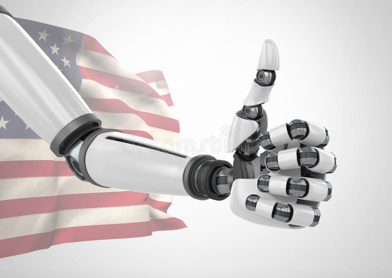 Robô com polegares acima contra a bandeira americana ilustração do vetor Robô com polegares acima contra a bandeira americana ilustração do vetor