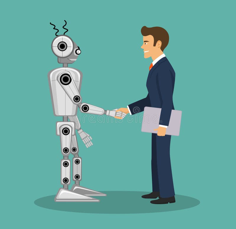 Robô e homem de negócios que agitam as mãos Acordo da inteligência humana e artificial ilustração royalty free Robô e homem de negócios que agitam as mãos Acordo da inteligência humana e artificial ilustração royalty free
