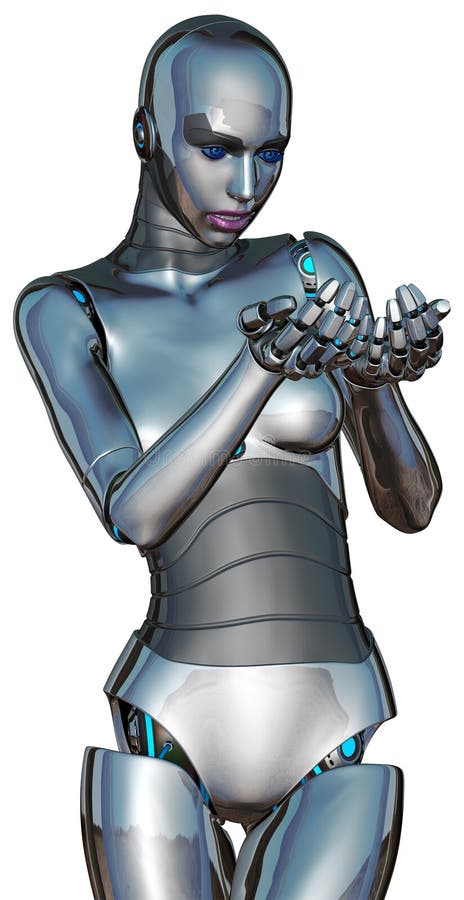 Robô fêmea de Android do Cyborg que mantém algo isolado