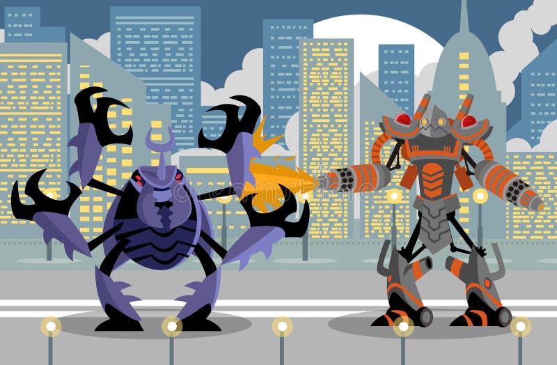 Robô gigante do lança-chamas que luta um besouro gigante ilustração stock Robô gigante do lança-chamas que luta um besouro gigante ilustração stock