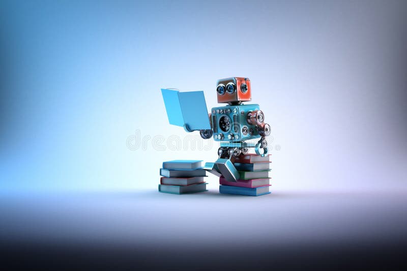 Robô que senta-se em um grupo dos livros Contem o trajeto de grampeamento
