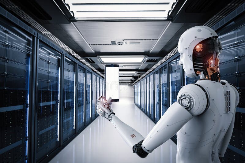 Robô a trabalhar numa sala de servidores ilustração stock