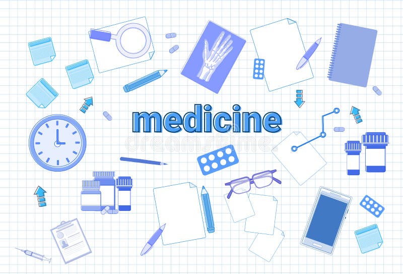 Roba della medicina sul concetto quadrato del posto di lavoro dell'attrezzatura di terapia del fondo della carta del taccuino illustrazione di stock Roba della medicina sul concetto quadrato del posto di lavoro dell'attrezzatura di terapia del fondo della carta del taccuino illustrazione di stock