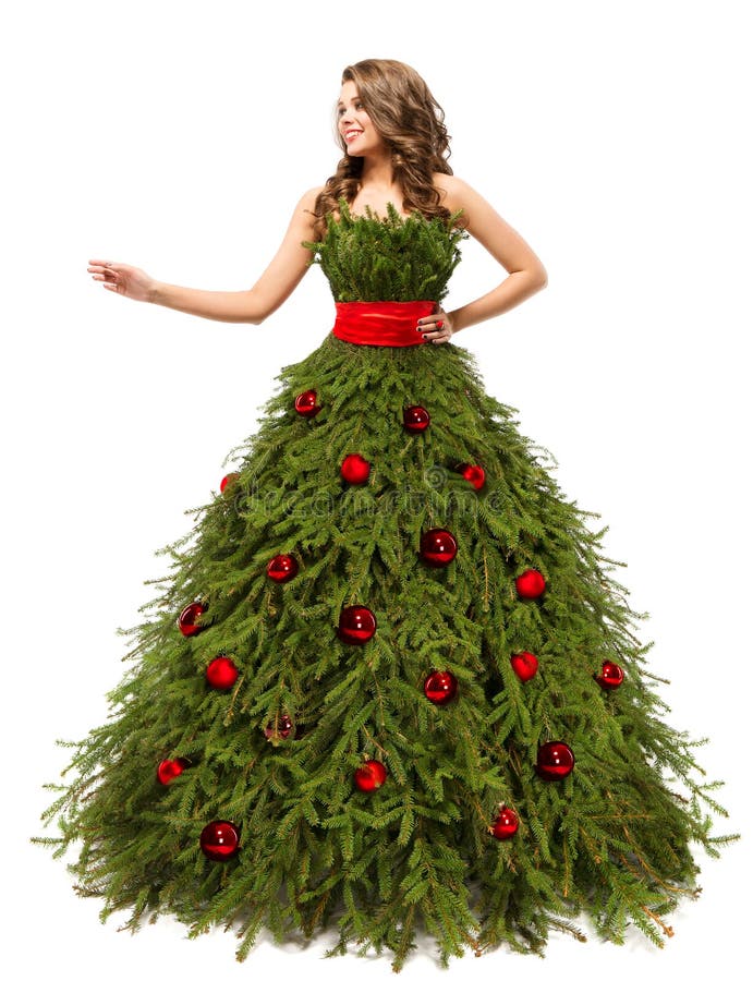 Robe d'arbre de Noël, femme de mode et cadeaux actuels, blancs photo libre de droits Robe d'arbre de Noël, femme de mode et cadeaux actuels, blancs photo libre de droits