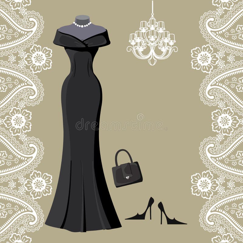 Robe habillée noire avec le lustre et la frontière de Paisley illustration stock Robe habillée noire avec le lustre et la frontière de Paisley illustration stock