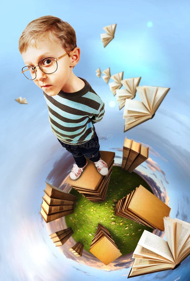 Concept education image. Egghead boy stands on books planet. Concept education image. Egghead boy stands on books planet