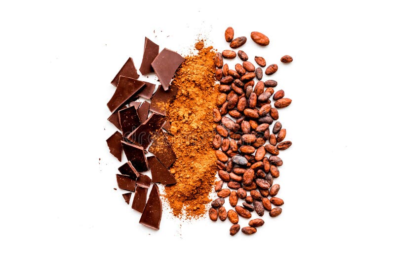 Robi czekoladzie Kakaowy proszek blisko kakaowych fasoli i kawałków czekolada na białej tło odgórnego widoku kopii przestrzeni