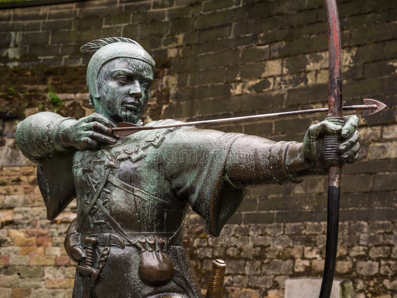 Statue of the legendary outlaw Robin Hood outside the castle wall in Nottingham, England.