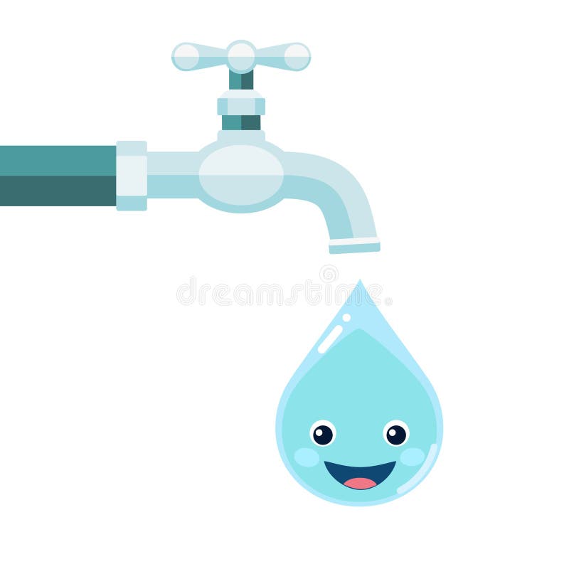 Vector illustration of water tap with smiling water drop isolated on white background. Vector illustration of water tap with smiling water drop isolated on white background