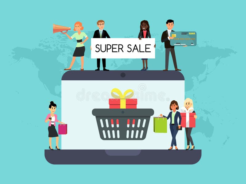 Robić zakupy ludzi na laptop online strony internetowej pojęcia wektorowym marketingu i cyfrowym marketingu Smartphone rynku klie ilustracji Robić zakupy ludzi na laptop online strony internetowej pojęcia wektorowym marketingu i cyfrowym marketingu Smartphone rynku klie ilustracji