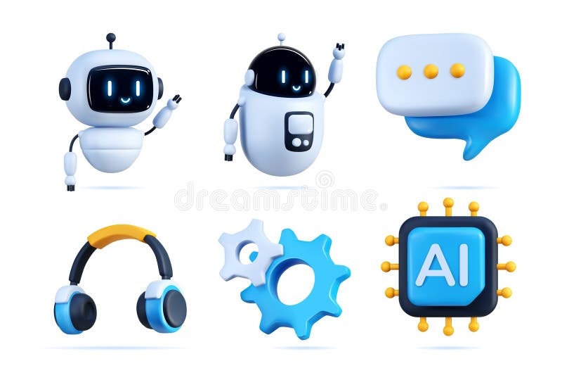 AI robot bot. Chat, chatbot technology, 3d artificial icon, GPT customer service, support character face, human intelligence. Cyborg, headphones, speech bubble. Vector customer app laptop illustration. AI robot bot. Chat, chatbot technology, 3d artificial icon, GPT customer service, support character face, human intelligence. Cyborg, headphones, speech bubble. Vector customer app laptop illustration