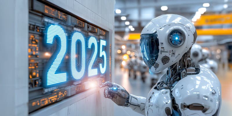 Robot ai con occhi laser blu ad alta tecnologia che visualizzano il numero digitale 2025. concetto di tecnologia per il futuro del illustrazione vettoriale