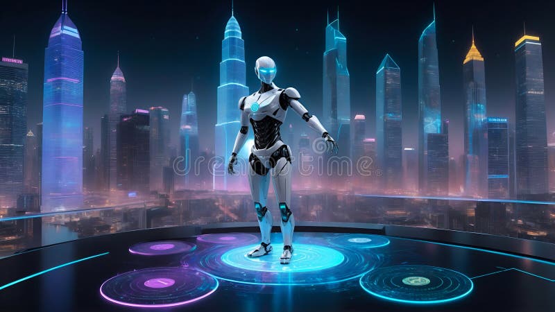 Robot ai futurista en un mercado digital con flujos de datos de blockchain circulando a su alrededor. monedas digitales brillantes foto de archivo