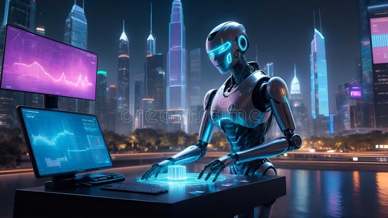 Robot ai futurista en un mercado digital con flujos de datos de blockchain circulando a su alrededor. monedas digitales brillantes fotografía de archivo