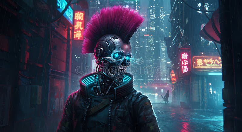 Robot al ciberpunk con un mohawk rosado en una ciudad lluviosa stock de ilustración
