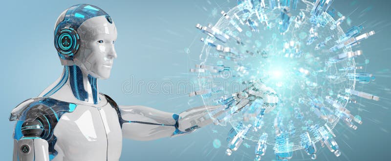 Robot alb masculin care utilizează globul digital pentru a conecta persoane 3d de redare royalty free illustration