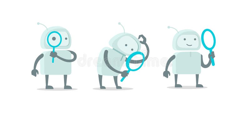 Robot alien character with magnifier loupe set. With magnifying glass search. Flat color vector illustration stock vector illustration Robot alien character with magnifier loupe set. With magnifying glass search. Flat color vector illustration stock vector illustration