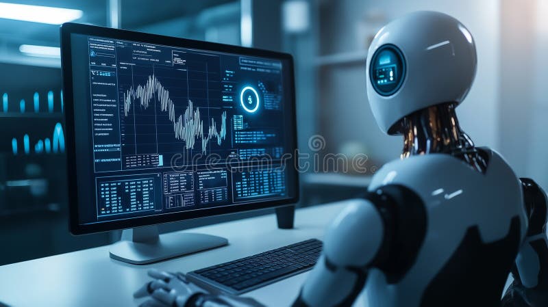 Robot analizujący dane finansowe na wielu ekranach w warunkach futurystycznych ilustracji