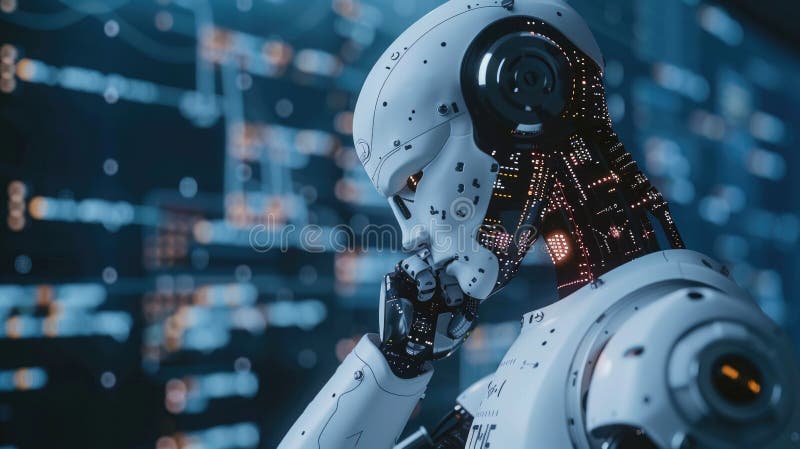 Robot analizujący dane na wielu ekranach ilustracji