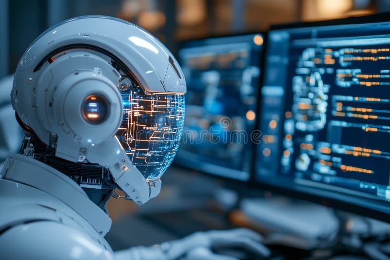 Robot analizujący dane na wielu ekranach komputera ilustracja wektor