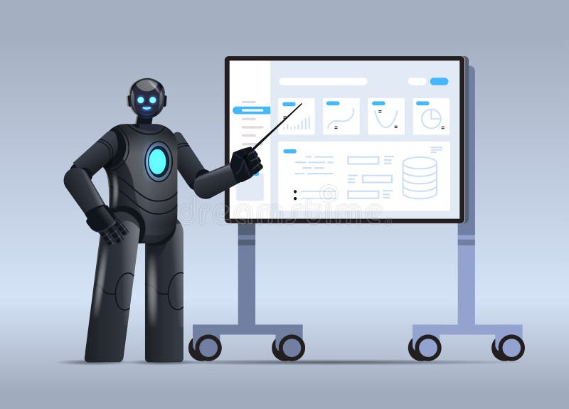 Robot analizujący statystyki dane finansowe zautomatyzowane przedstawienie na pokładzie sztucznej inteligencji royalty ilustracja