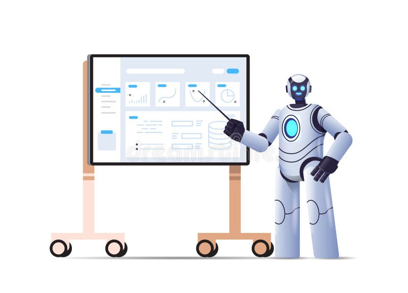 Robot analizujący statystykę danych finansowych, zautomatyzowany charakter, przedstawiający na pokładzie sztuczną inteligencję ilustracji