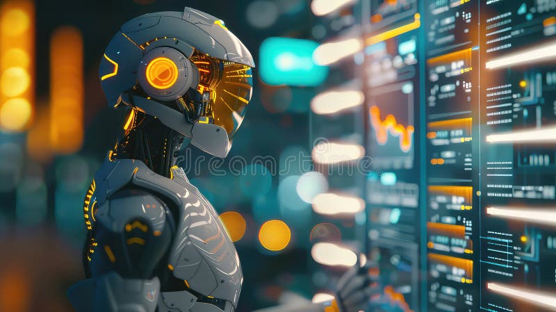Robot Analyzing Data on Digital Screen in Futuristic Setting generated with AI royalty free illustration