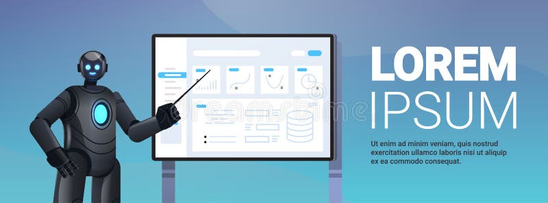 Robot analyzing statistics financial data robotic character making presentation on board artificial intelligence vector illustration