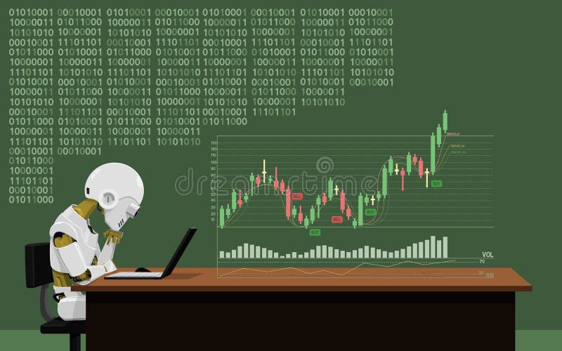 Robot is analyzing stock chart vector illustration