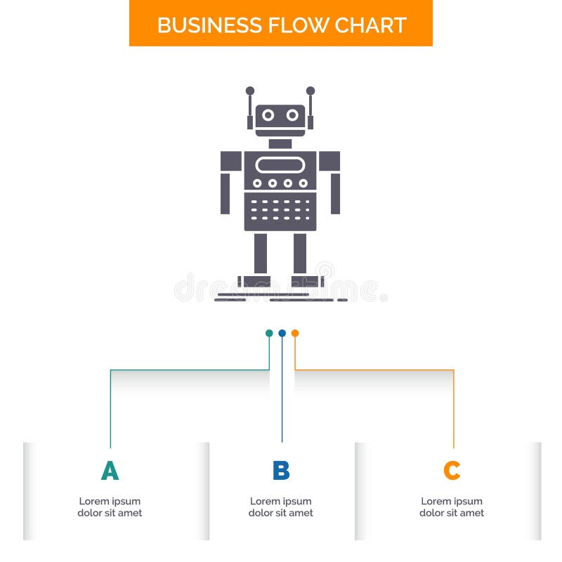 Robot, Android, artificial, bot, technology Business Flow Chart Design with 3 Steps. Glyph Icon For Presentation Background royalty free illustration