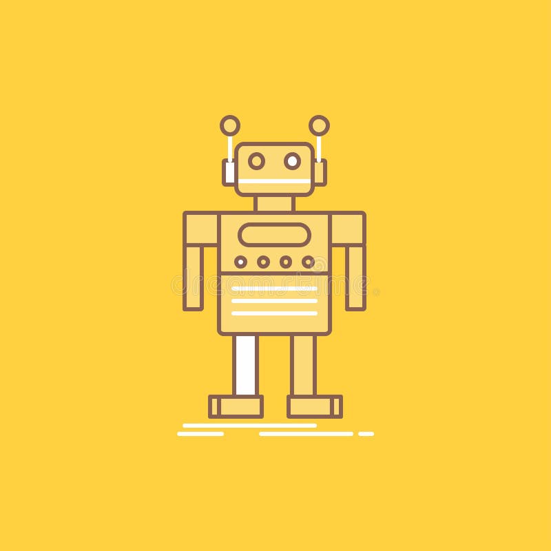 Robot, Android, artificial, bot, technology Flat Line Filled Icon. Beautiful Logo button over yellow background for UI and UX stock illustration
