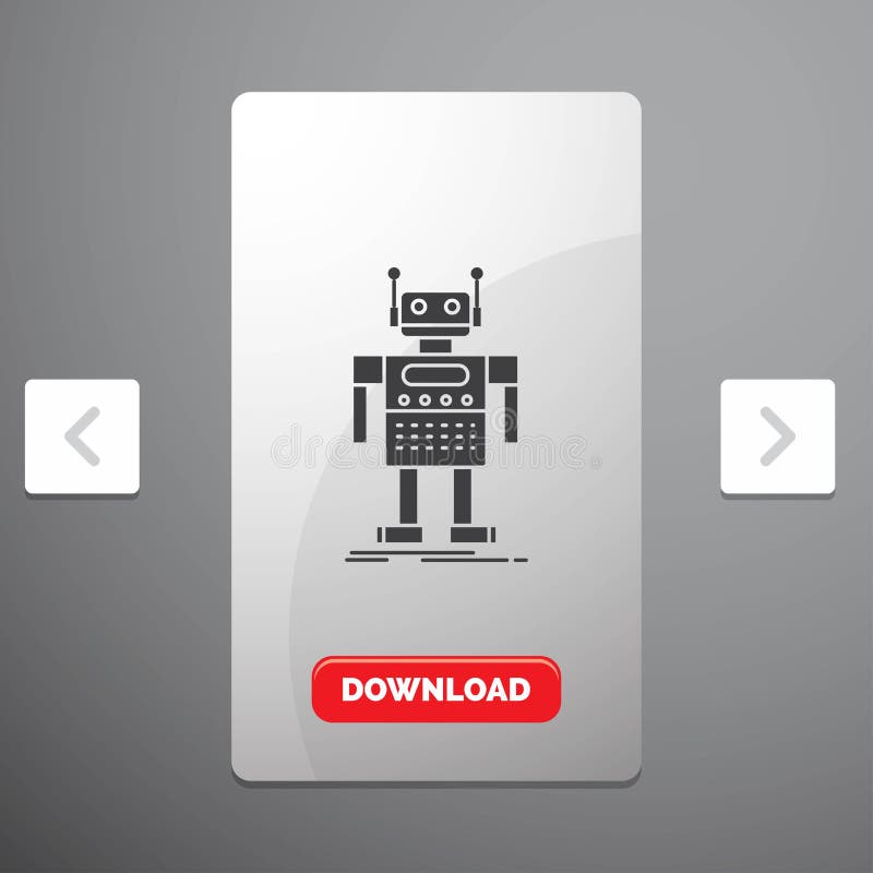 Robot, Android, artificial, bot, technology Glyph Icon in Carousal Pagination Slider Design & Red Download Button vector illustration