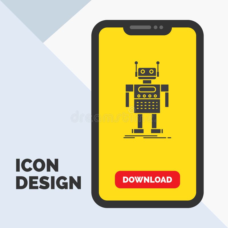 Robot, Android, artificial, bot, technology Glyph Icon in Mobile for Download Page. Yellow Background stock illustration