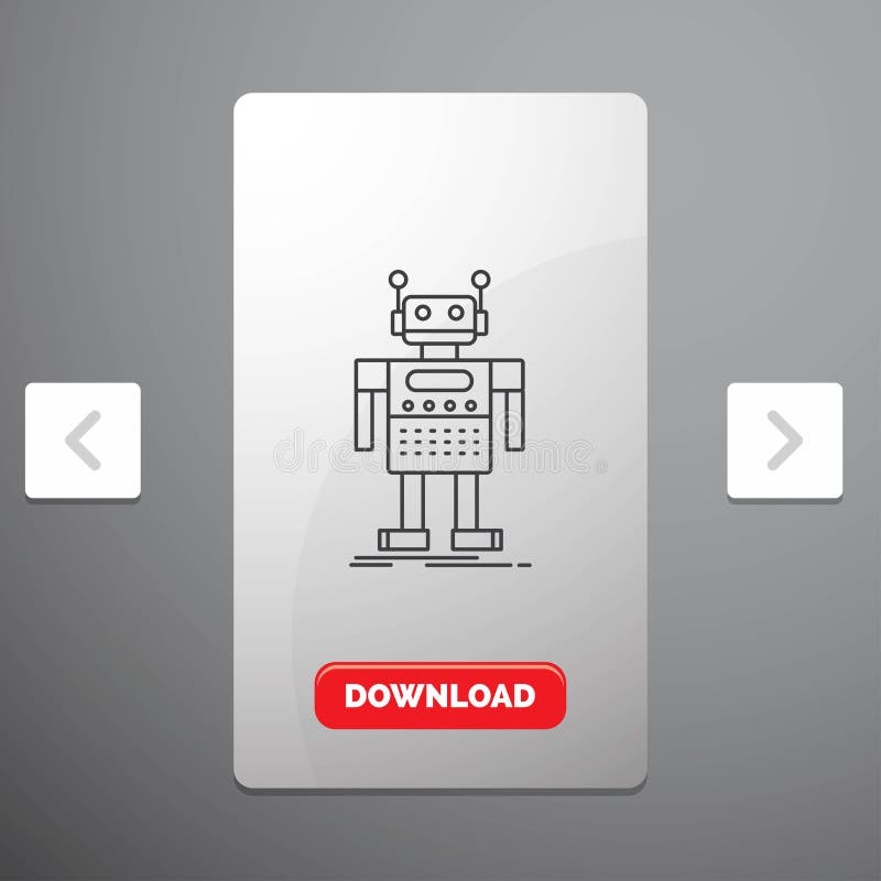 Robot, Android, artificial, bot, technology Line Icon in Carousal Pagination Slider Design & Red Download Button stock illustration