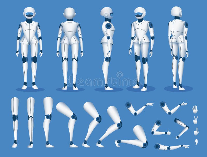 Robot android character. Futuristic cyborg artificial intelligence mascot poses for animation. Humanoid robot stock illustration