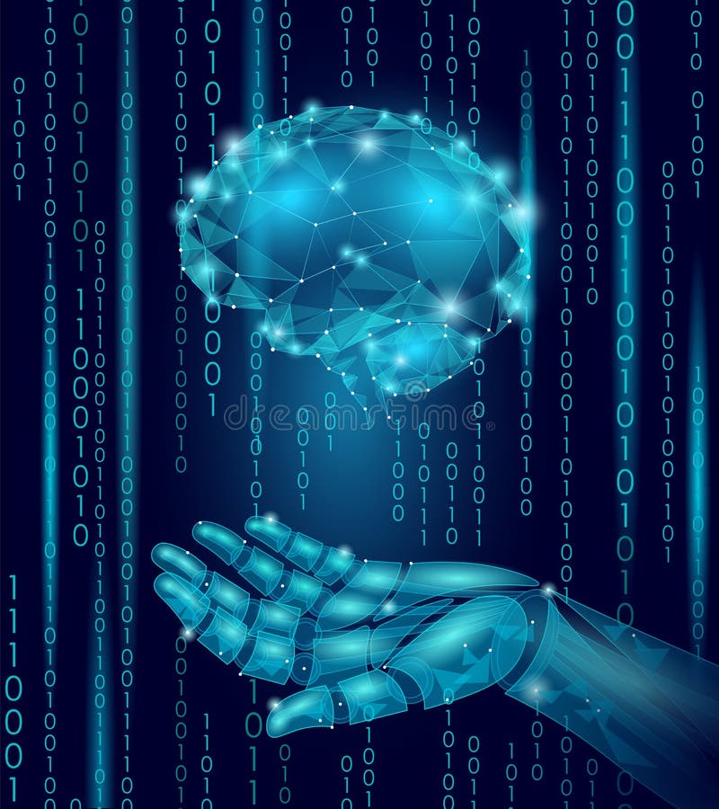 Robot android hand hold human brain. Low poly polygonal stock illustration