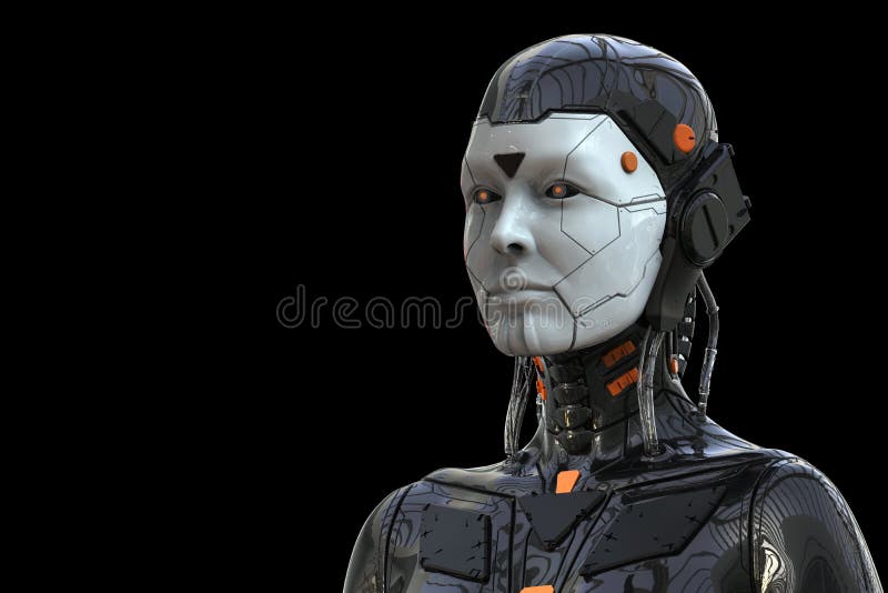 Robot Android cyborg woman Humanoid - isolated in black background stock illustration.