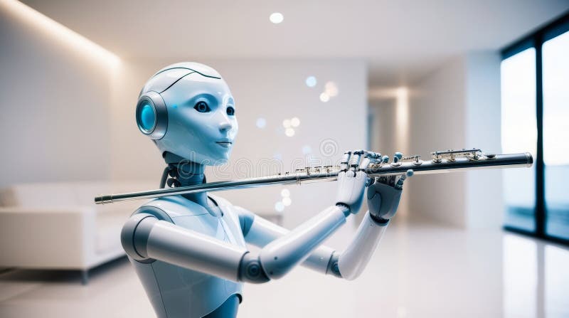 Robot androïde jouant une flûte dans un salon blanc minimaliste élégant. Une scène futuriste présente le contraste entre technologie et art dans un espace aéré et moderne aux lignes épurées. le design met en valeur l'ai avancé dans un environnement élégant et tranquille, mettant l'accent sur le mélange de technologie et de créativité. la scène capture une fusion élégante de robotique et de musique dans un intérieur moderne parfait pour les thèmes high-tech et futuristes. le cadre futuriste serein met l'accent sur la simplicité, l'innovation et l'harmonie entre technologie et musique. l'image est centrée sur l'intersection de la robotique avancée et de la créativité humaine installée dans un espace propre et futuriste. ai généré