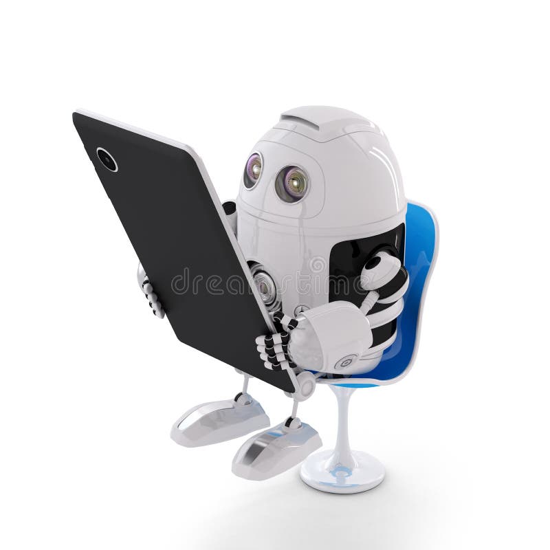 Robot androïde se reposant avec un ordinateur de comprimé image stock