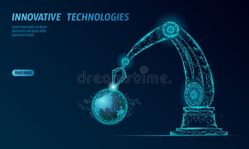 Robot arm low poly manipulator. Earth ecology construct assembly triangle shape. Polygonal connected dots 3D render vector illustration