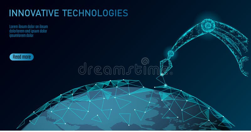 Robot arm low poly manipulator. Earth ecology construct assembly triangle shape. Polygonal connected dots 3D render vector illustration