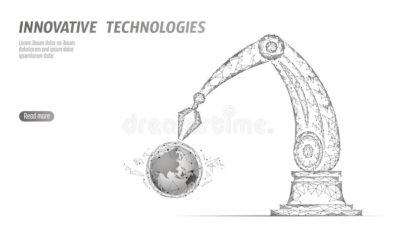 Robot arm low poly manipulator. Earth ecology construct assembly triangle shape. Polygonal connected dots 3D render stock illustration