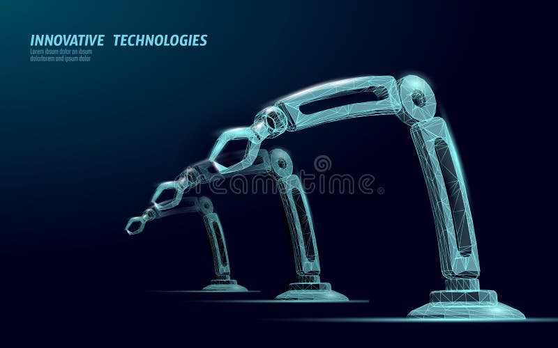Robot arm low poly manipulator. Part construct assembly triangle shape. Polygonal connected dots 3D render robotic artificial machinery innovation technology hand vector illustration.