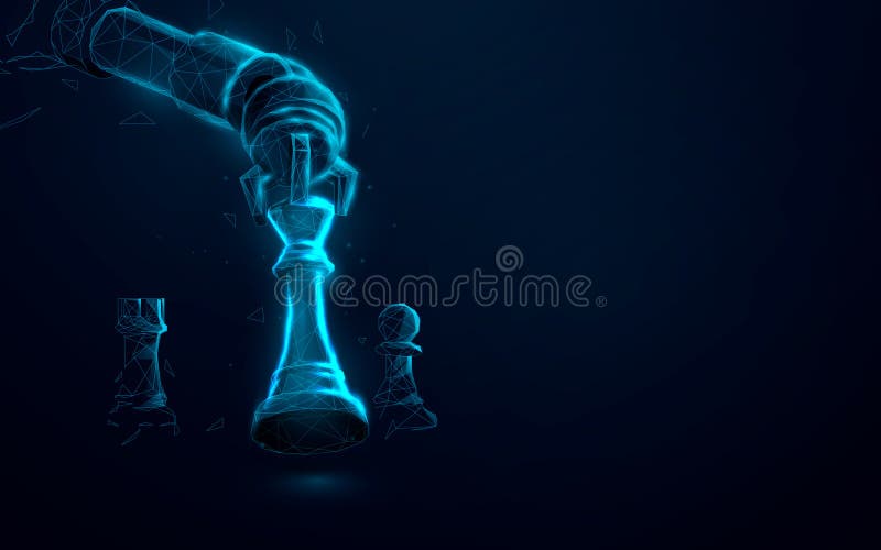 Robot arm playing chess. Artificial Intelligence, AI. Low poly, lines, triangles and particle style design. Vector illustration vector illustration
