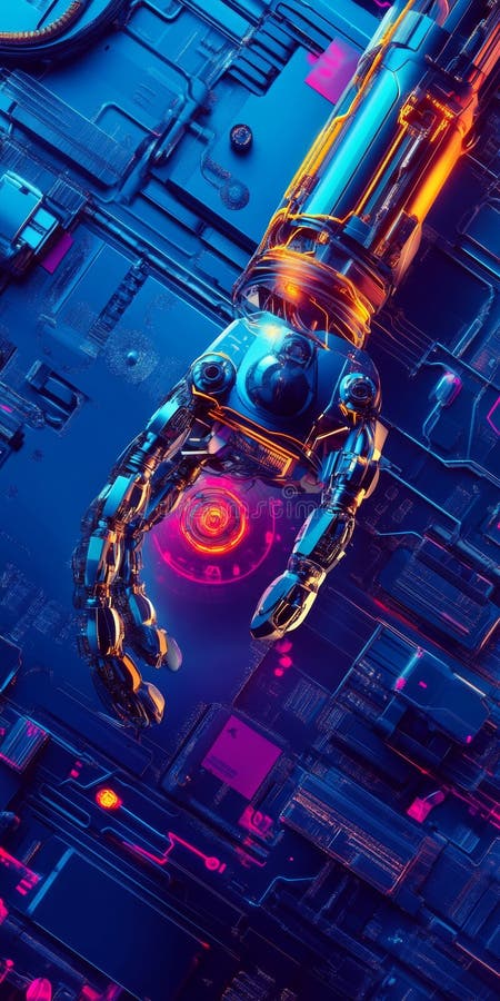 A robot arm is shown in a colorful background stock illustration