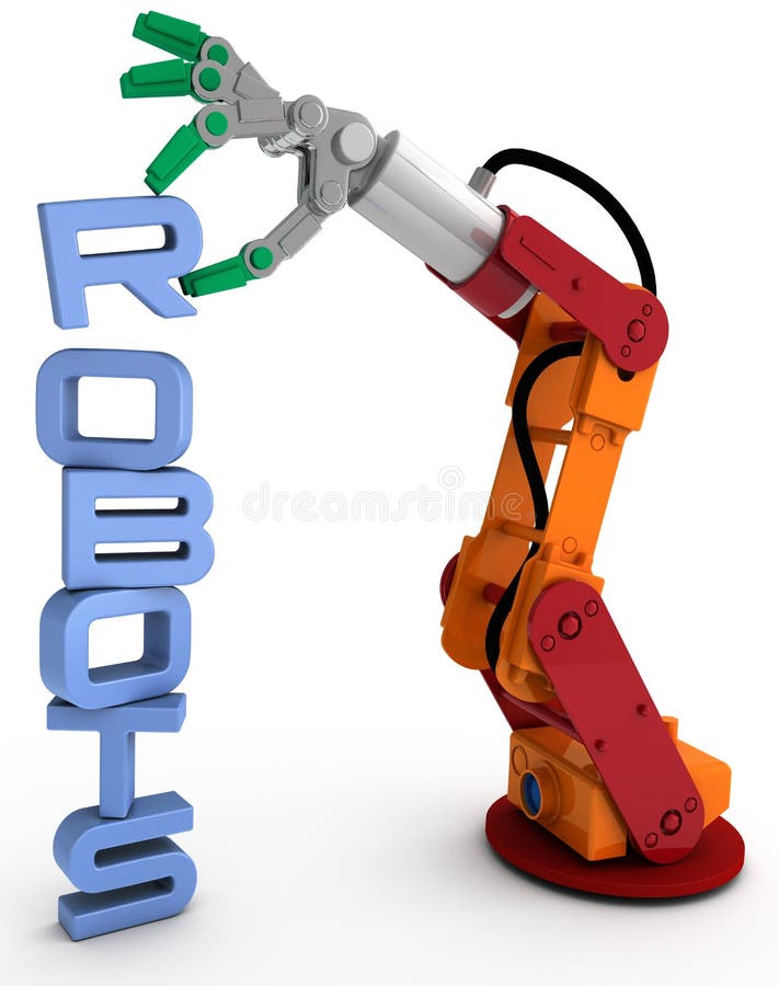 Robot arm technology robots word stack. Robot arm holding robots word as illustration for robotic concept issues royalty free illustration Robot arm technology robots word stack. Robot arm holding robots word as illustration for robotic concept issues royalty free illustration