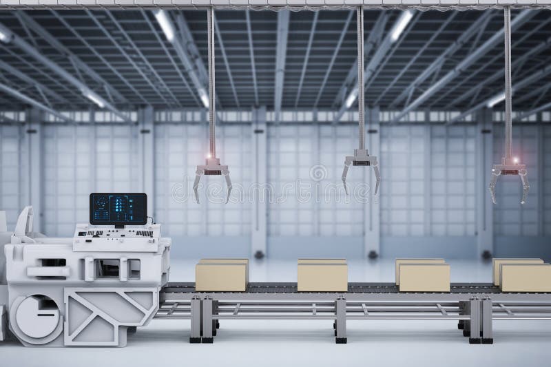 Robot arms with boxes on conveyor in factory vector illustration