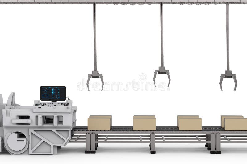 Robot arms with boxes on conveyor in factory stock illustration