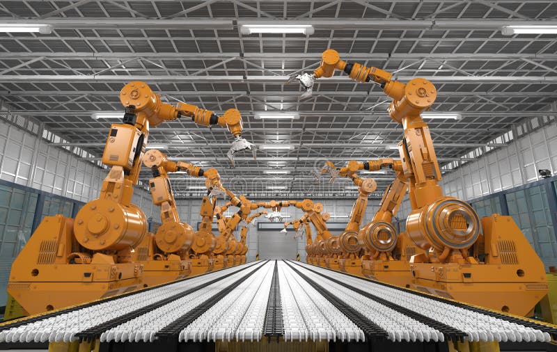 Robot arms with conveyor line stock illustration