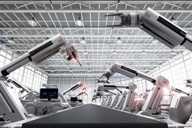 Robot arms with conveyor line vector illustration